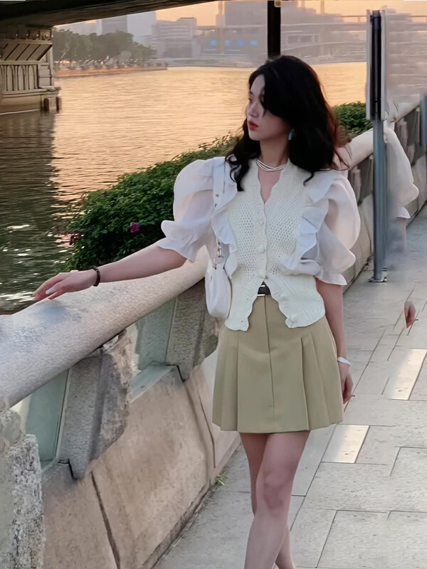 New in early summer! [pan] Ruffle stitched V-neck knitted cardigan 00362# PCZ