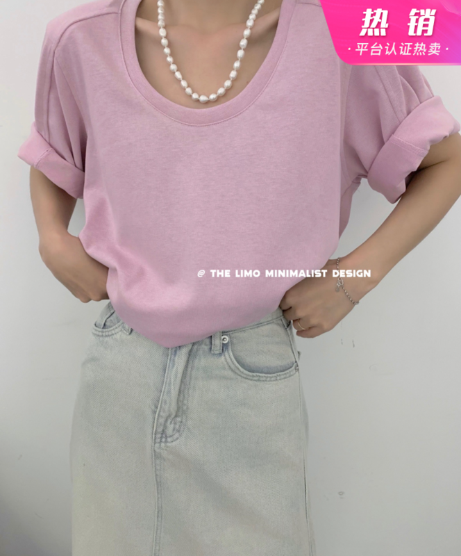 [the limo] large crew neck padded shoulder clean short sleeve T-shirt 6675# XYJ
