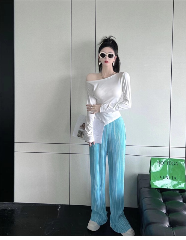 [lucky. Bibi] solid color loose long sleeve T-shirt + pleated casual pants two piece suit 992# cqw