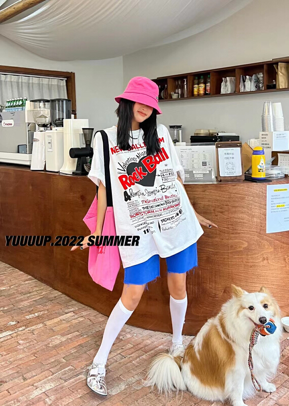 [fish Yu] American pictorial letter watermark letter short sleeve T-shirt 622153# LSL