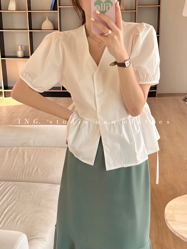 goods in stock! [ing] temperament versatile V-neck drawcord slim shirt 7635# ZSY
