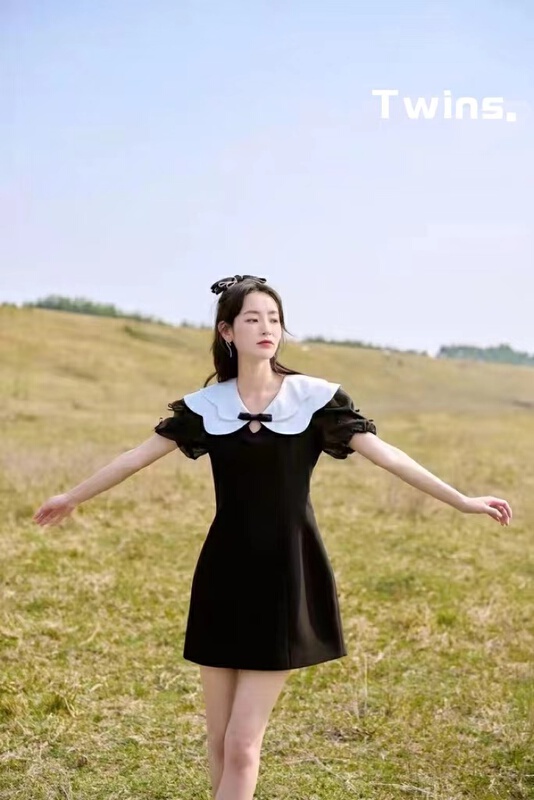 New in early summer! [twins] splicing contrast color doll neck sweet bow dress 8811# hjy