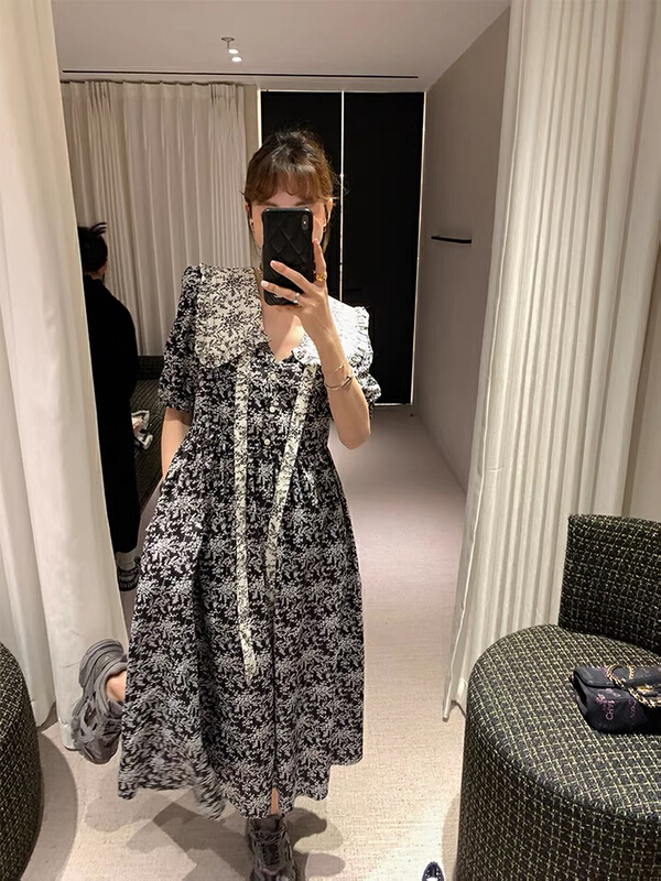 [L.L studio] temperament floral waist closing bubble sleeve dress 7352# PCZ