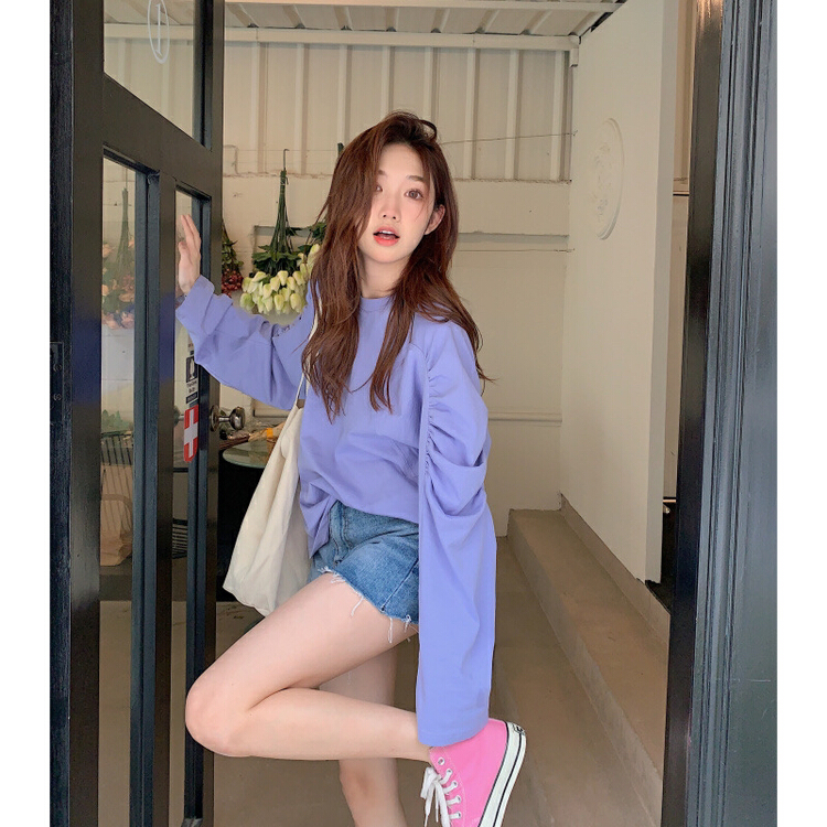 =[timely rain] Korean style ins design irregular wrinkle long sleeve T-shirt 21521# WPL