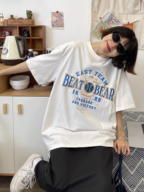 "LAB EEDA" baseball embroidery loose bf American retro ins crew neck short sleeve T-shirt YS1-3035# OZQ