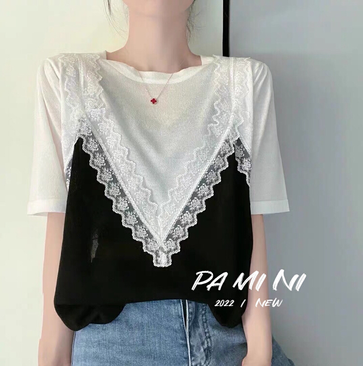 [pamini] temperament beautiful eyelash lace stitching ice hemp sweater 22158# Cl