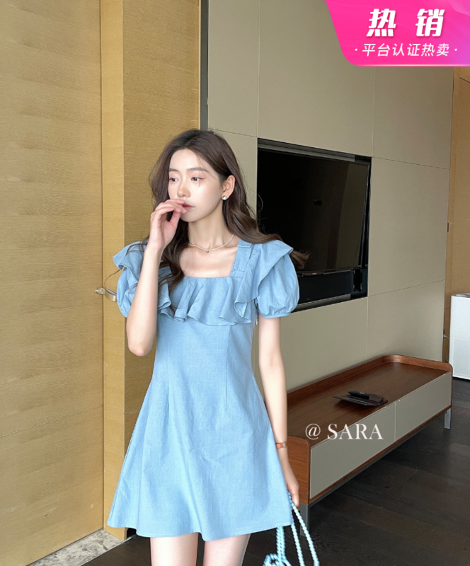[Sara] sweet square neck Ruffle Dress 16960# lwy