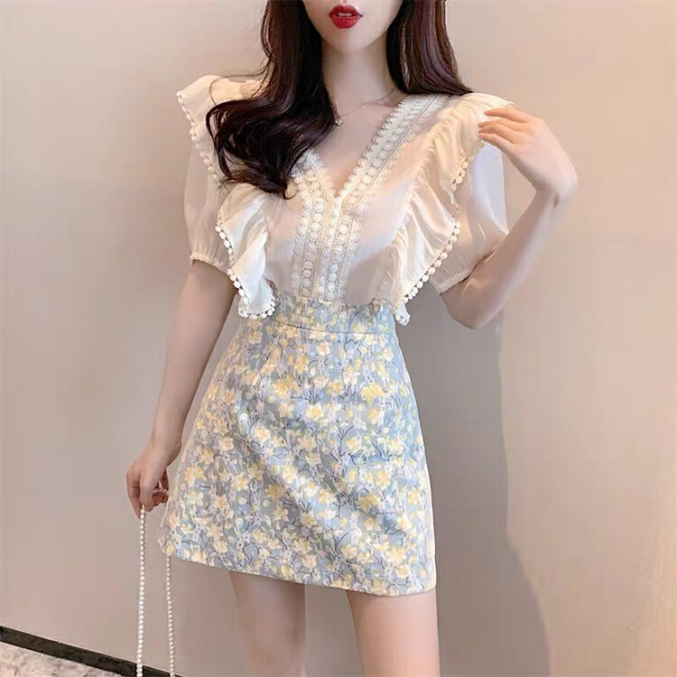[Huaxi] floral V-neck short sleeve + Hip Wrap Skirt Suit 8995# PCZ