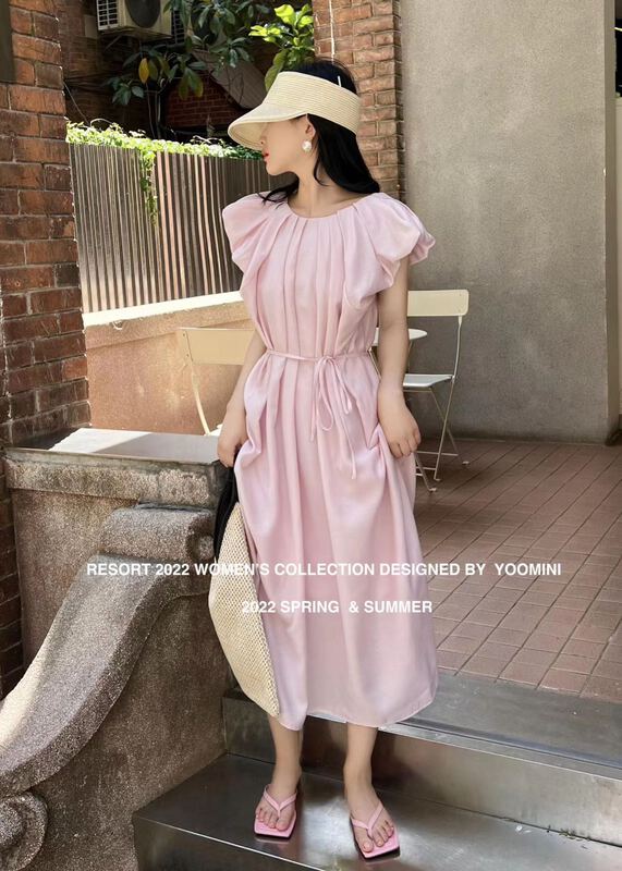 [yoomini] Korean slim solid dress (with waist rope) x12759\wpl