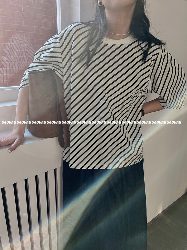[sauvag] crew neck Pullover stripe short sleeve T-shirt c576# L