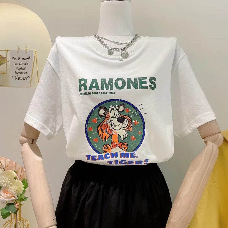 [miss Xi Xi] new summer clothes old cartoon tiger pattern loose Korean fan medium long cotton linen short sleeve T-shirt 7739# DB