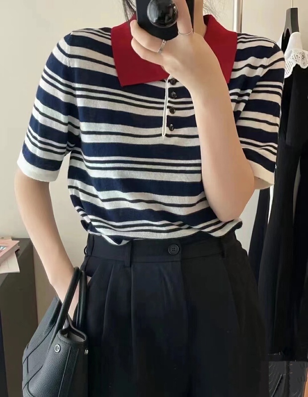 New in early summer! [OIT] Korean color blocking stripe knitted polo shirt 8512# HBx