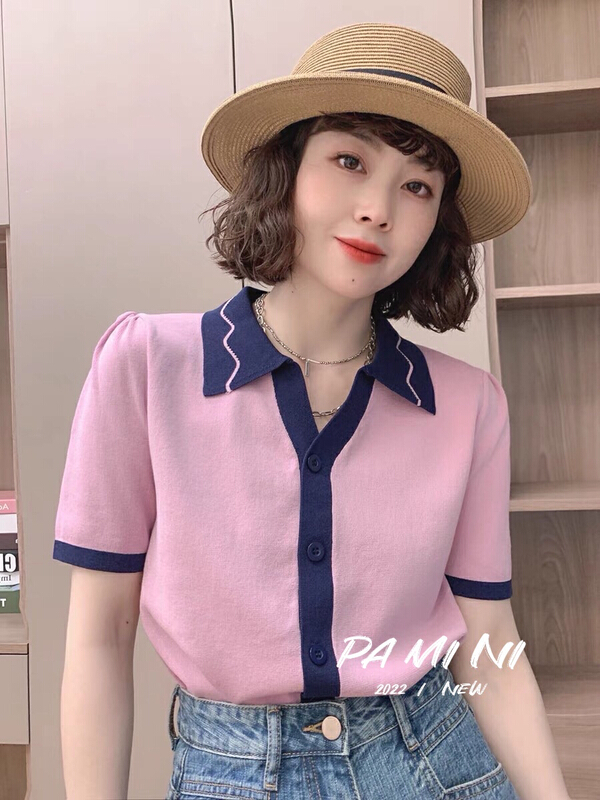 [pamini] Korean fashion color matching polo collar sweater 8020# Cl