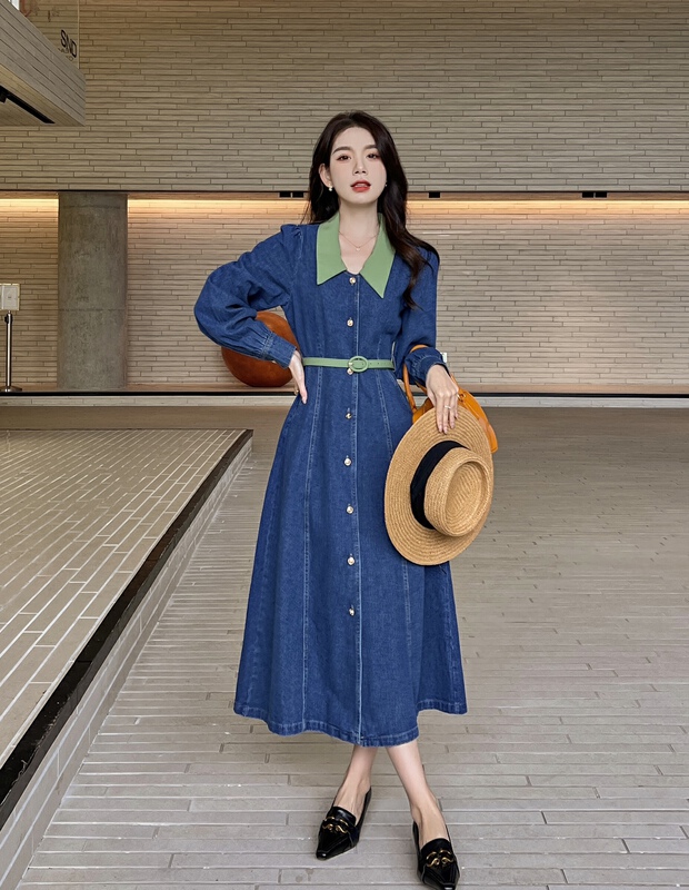 New year in early spring! [x.future] Vintage denim stitched shirt collar dress (with belt) j8805# zxx