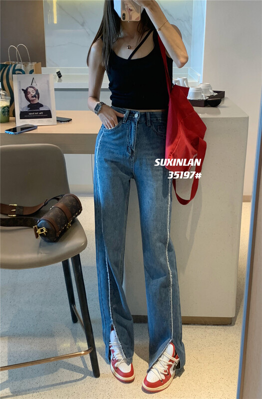 goods in stock! Summer new! [plain blue] stitching design, vintage and slim jeans 35197# LSL