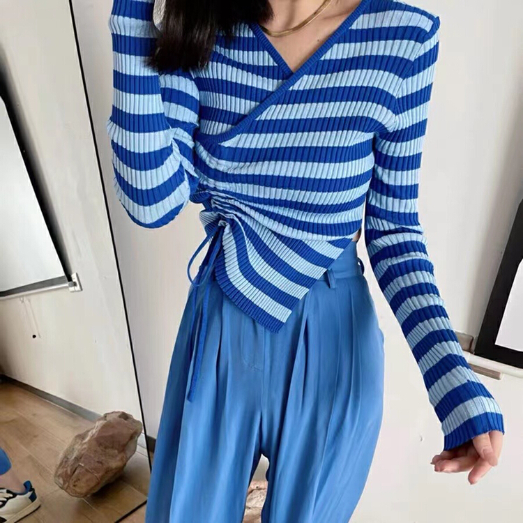 goods in stock! [c.x Chuxin] irregular drawstring V-neck stripe contrast knit z58# WTT