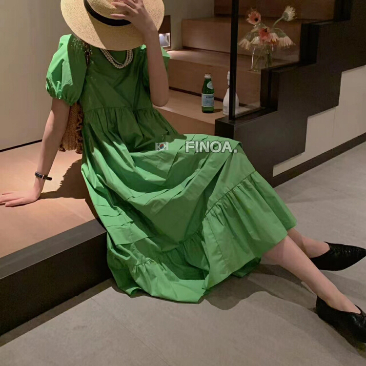 [finoa] Korean casual loose pleated small design large hem dress 1039# CLS