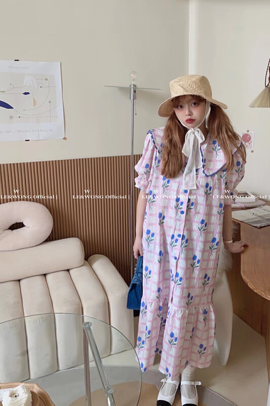 [le & Wong] sweet girl Vintage Plaid Rose Dress 8857# WTT
