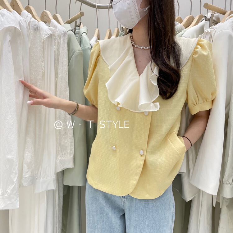 goods in stock! New year in early spring! [wt] Korean color blocking double breasted shirt 9021# HBx