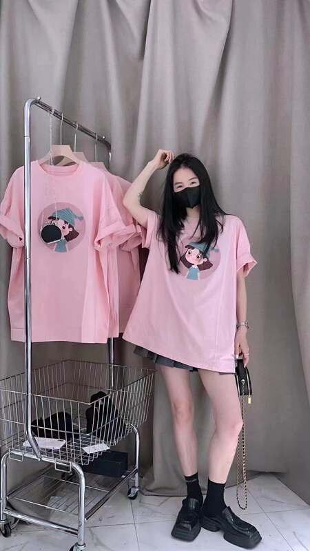 [GL] printed cartoon versatile Pink Short Sleeve T-shirt 3228# XYY