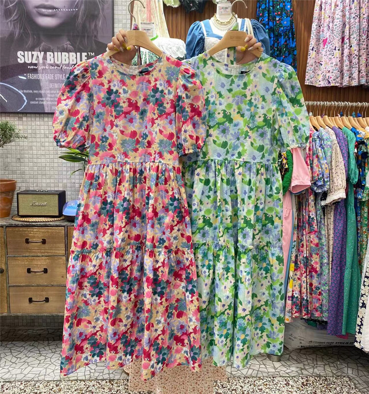 [suzybubble] Vintage elegant floral loose bubble sleeve dress (with waist rope) ys1-773# WPL