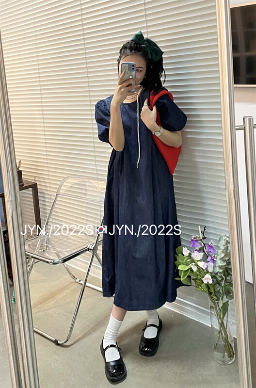 New in early summer! [jyn golden rain lemon] round neck bubble sleeve loose dress 7262# LSL