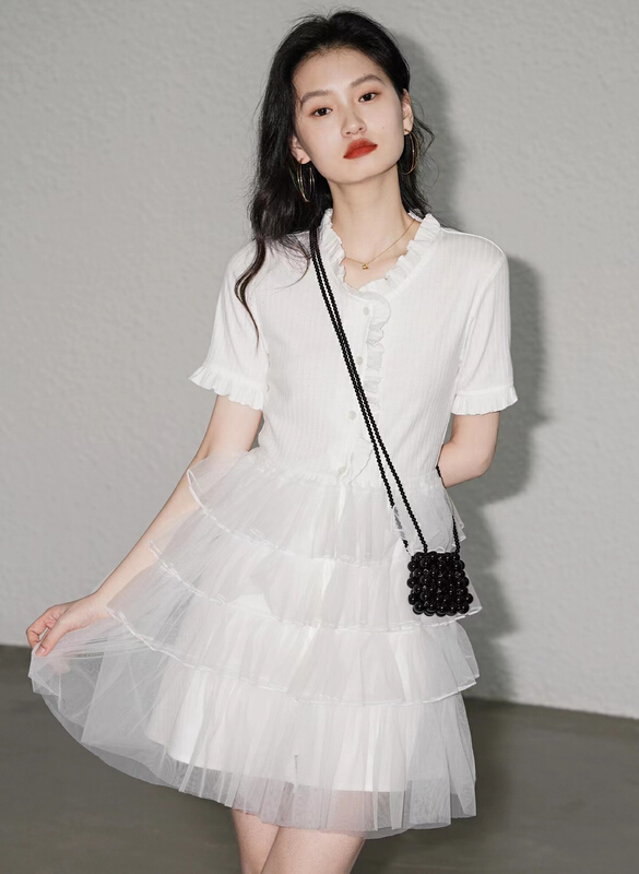 New in early summer! [are studio] Korean design V-neck lace stitched mesh dress 81003# WPL