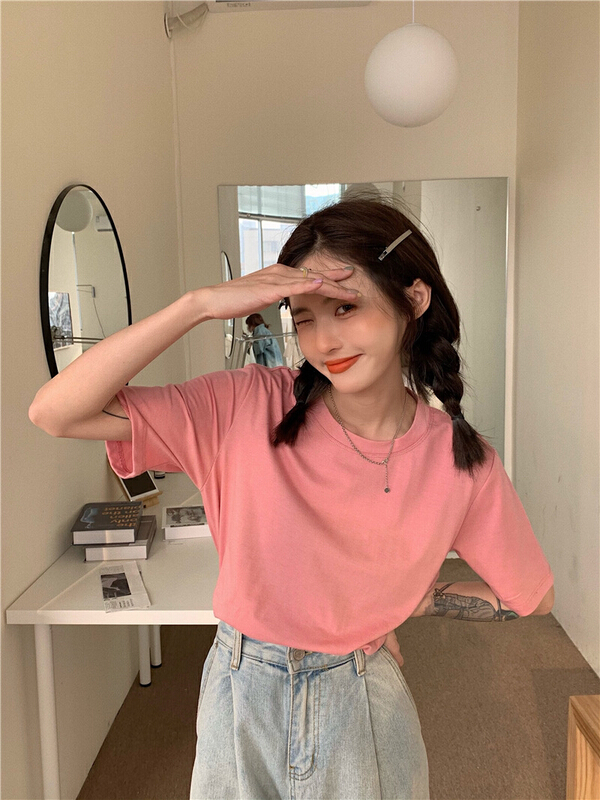New year in early spring! [timely rain] candy color simple loose round neck short sleeve T-shirt 21112# jhy