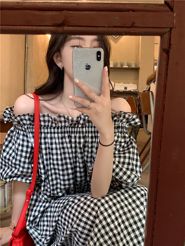 [by] two-piece off shoulder relaxed holiday classic Plaid Dress 2713# Cl