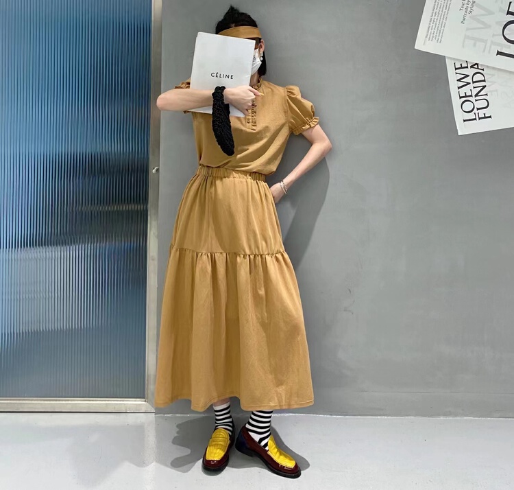 [Lily] fungus side bubble sleeve blouse + elastic waist mid length skirt set 8910# XJ