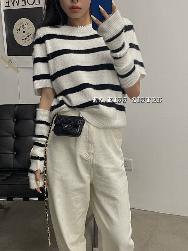 New year in early spring! [KS] sweet and lovely pink stripe short warm sweater (with sleeves) 22933# XYJ