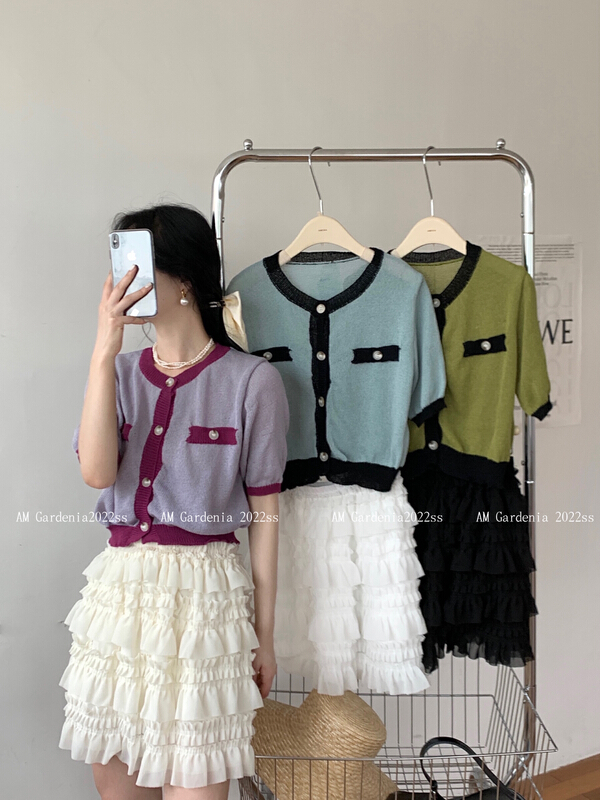 [neeko] Vintage color contrast edge short sleeved knitted cardigan 3529-1# PCZ