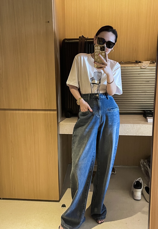 New year in early spring! [cottoncandy] fashionable retro front straight pocket High Waist Wide Leg Jeans 22s316# XJ