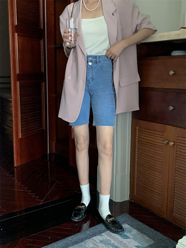 [about me] bimetallic buckle design senior five point denim shorts 217723# cqw