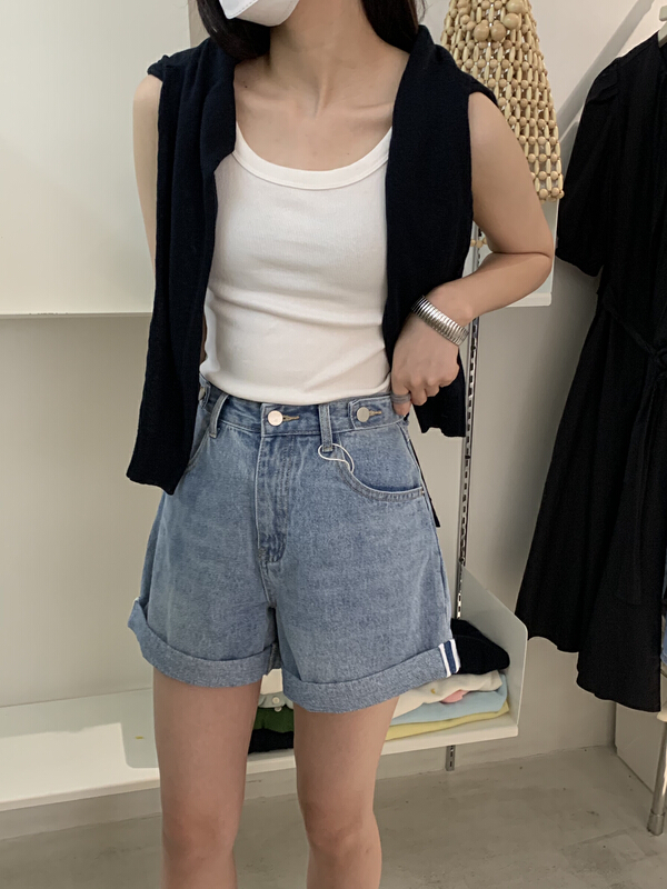 [emoni] crimped versatile fashion denim shorts 24173# CLS