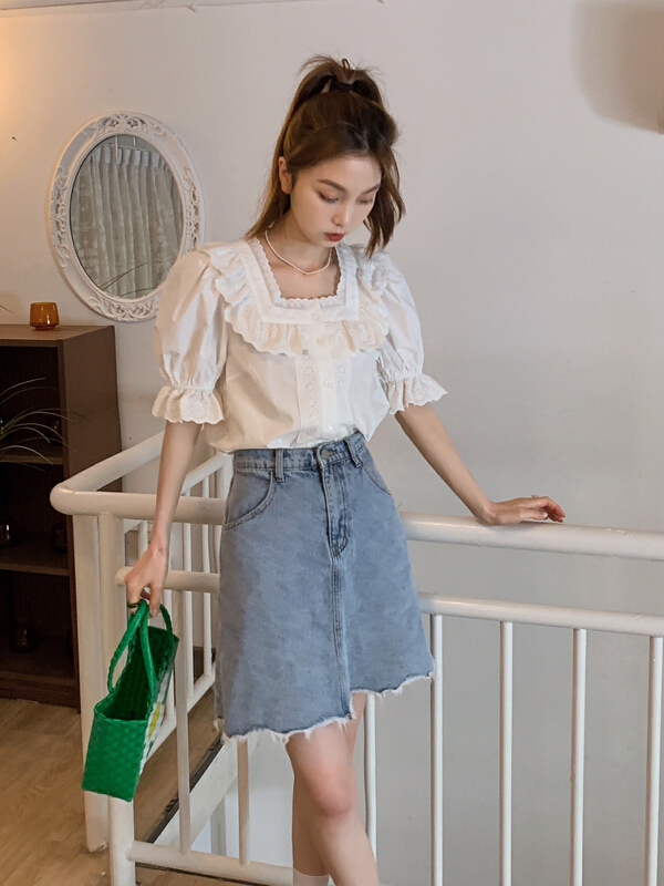 [hempure] Korean wave flow fringe denim skirt s22246130# lwy