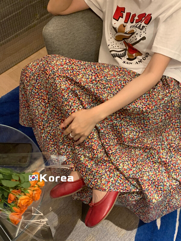 New in early summer! [finoa] draped large hem floral elastic waist skirt 10356# CLS