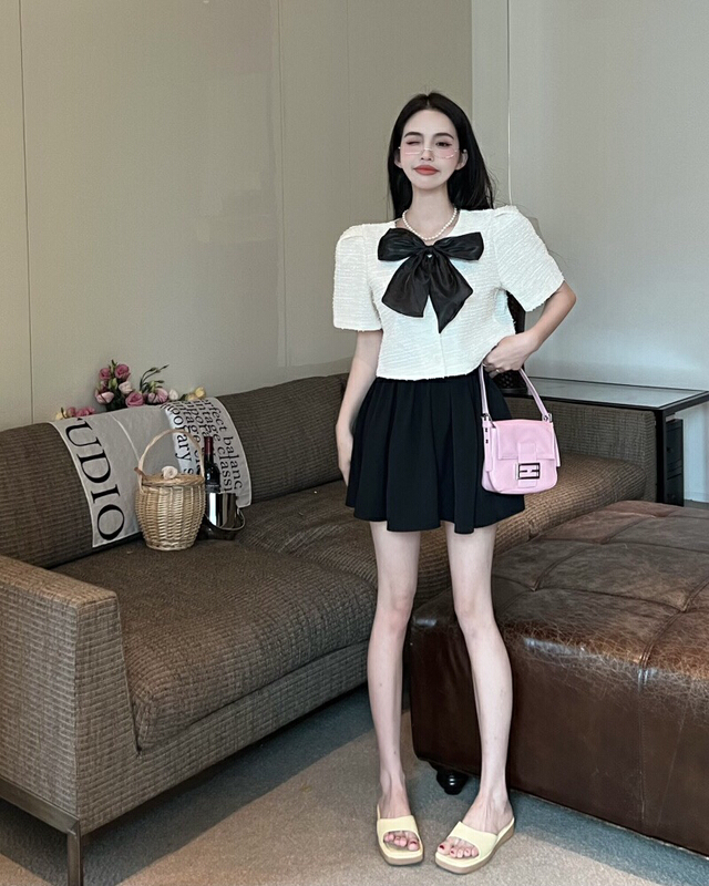 [Doudou family] French small fragrance short bow top + slim skirt suit (with tie) 88313# CLS