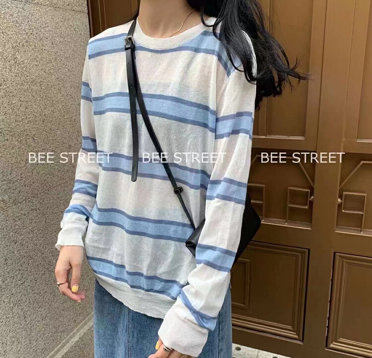 [bee Street] crew neck loose stripe sunscreen shirt 236-4# lwy