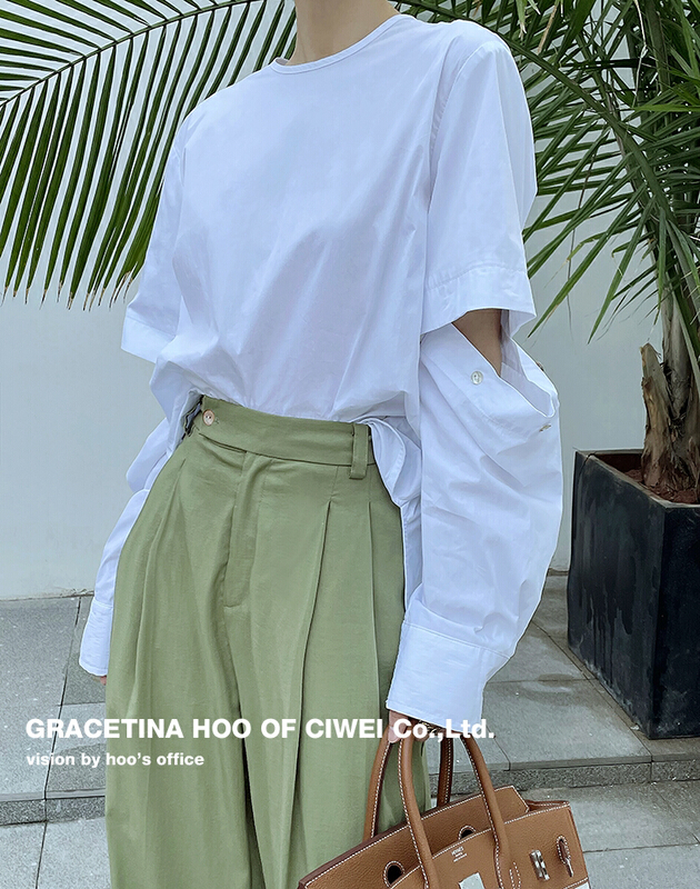 The original price is 95.88! New year in early spring! [gracetina Hoo] texture feeling slightly wrinkled minimalist round neck three-dimensional split sleeve design feeling versatile shirt cs907# zxl
