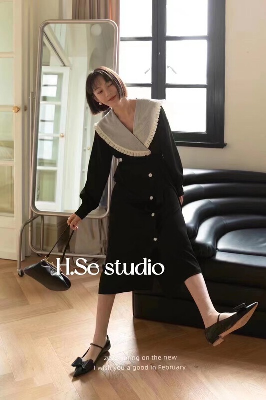 New year in early spring! [Korean h.se] temperament fashion large lapel single breasted dress (without belt) ys1-8860# HBx