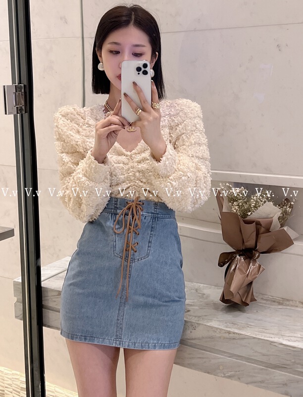 goods in stock! [v.v] Korean lace up design, slim denim skirt 9868# cqw