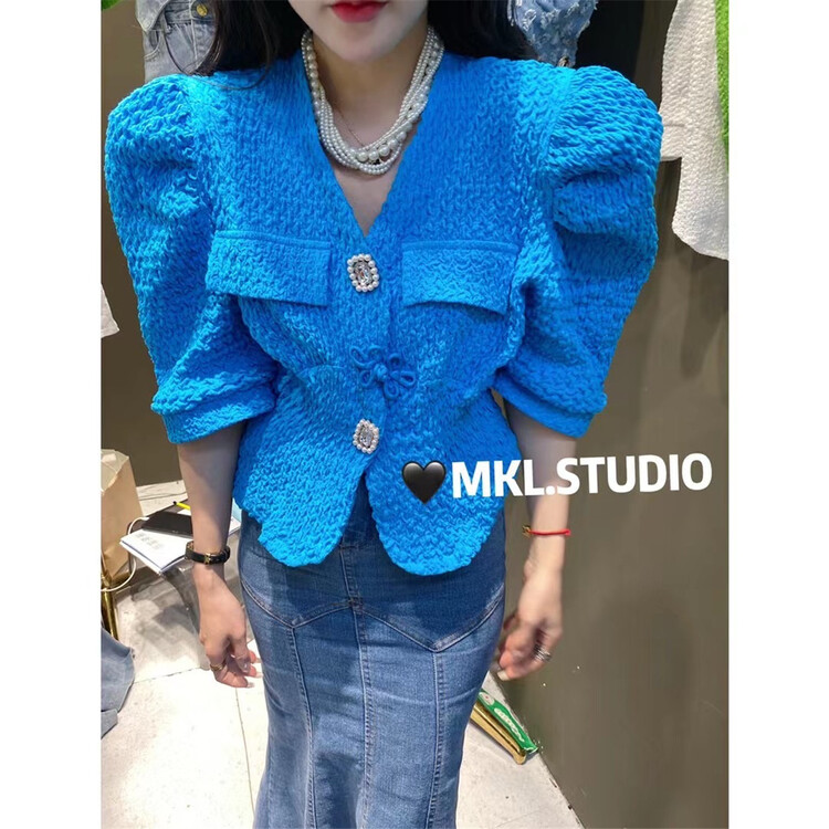 goods in stock! [Mikala] small fragrance V-neck bubble sleeve short shirt 837# PCZ
