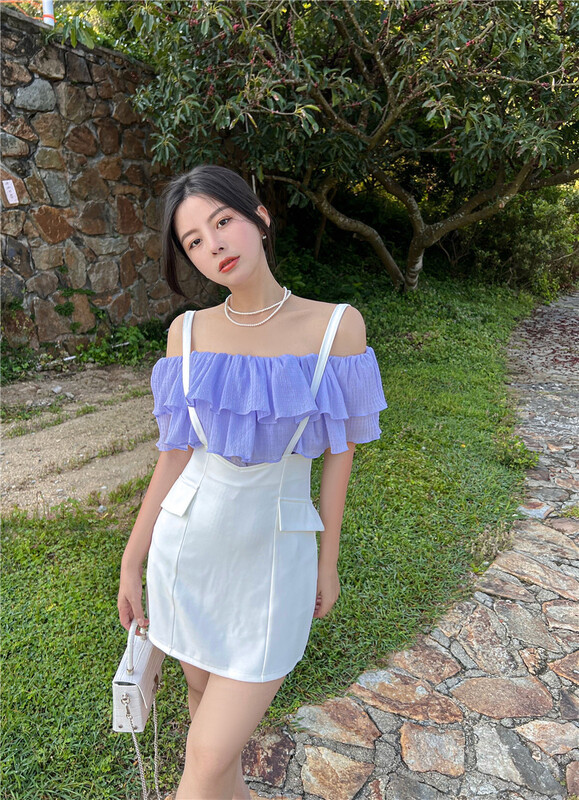 New in early summer! [Cr] temperament ruffled off shoulder chiffon blouse 6116# PCZ