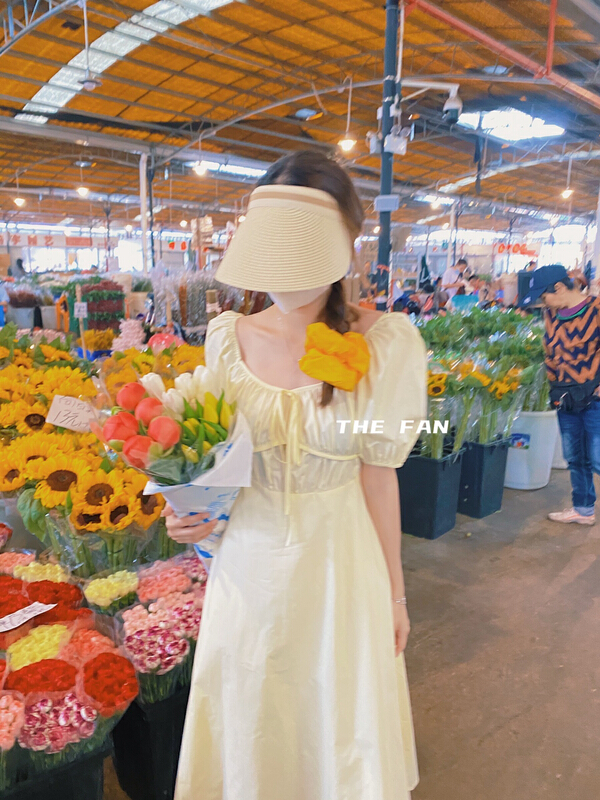 [the fan] Korean style square neck bubble sleeve slim dress 96330# zxx