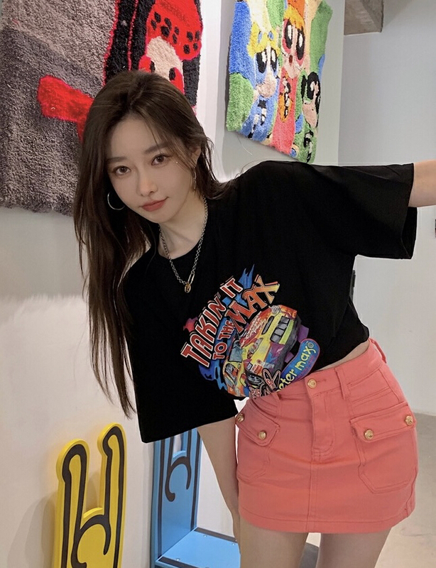[JH] printed versatile T-shirt + washed denim skirt set (suit only) 41719# PCZ