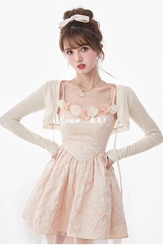 [Asian American clothing] French soft three-dimensional flower waist drawstring dress 88900# PCZ