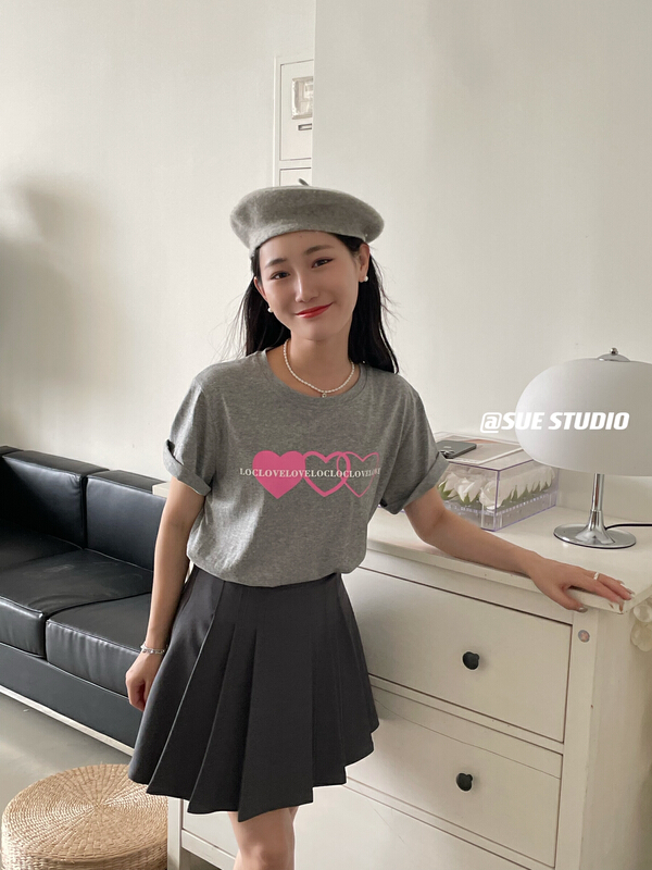 New in early summer! [Sue studio] Love Print loose ins short sleeve T-shirt n55521# ZSY