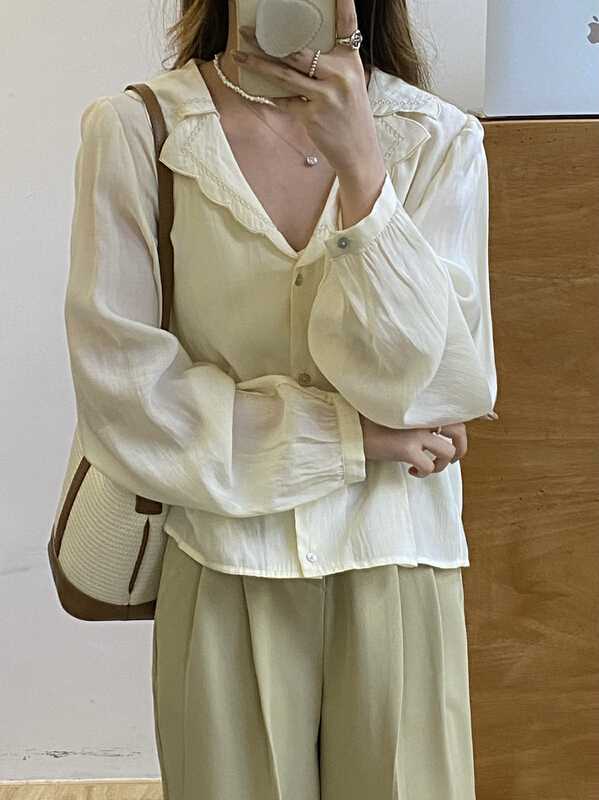goods in stock! New year in early spring! [tototellme] Korean embroidered V-neck shirt 20264# HBx