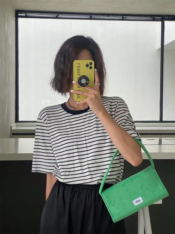 [black + white] Korean versatile stripe short sleeve T-shirt 2s02893m# lwy